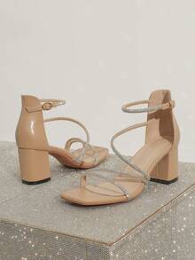 Sandalias elegantes y glamorosas con tacón grueso de punta cuadrada y decoradas con rhinestones, adecuadas para banquetes y fiestas, de moda y versátiles - Caqui - Ver 7