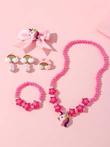Set de 6 piezas de joyería para niñas con collar, pulsera, aretes y pasadores para el cabello con perlas y moños de unicornio, adecuado para fiestas, cumpleaños y vacaciones - Rosa Fucsia - Ver 12