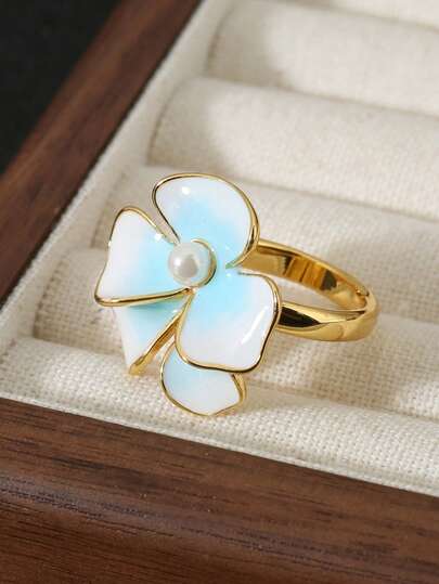 1Pc Gold Plated Open Rings For Women, Adjustable Stackable Open Rings With Enamel, Flower, Bowknot, Twisted Chain & Minimalist Designs, Everyday Jewelry