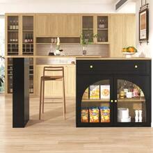 Extendable Bar Table With Storage (138-204*39*104cm), 360° Rotating Dining Bar, Modern Movable Bar Table, High Table Kitchen Island Bistro Table, Sideboard Cabinet With Shelves And Glass, Black - Black - View 7