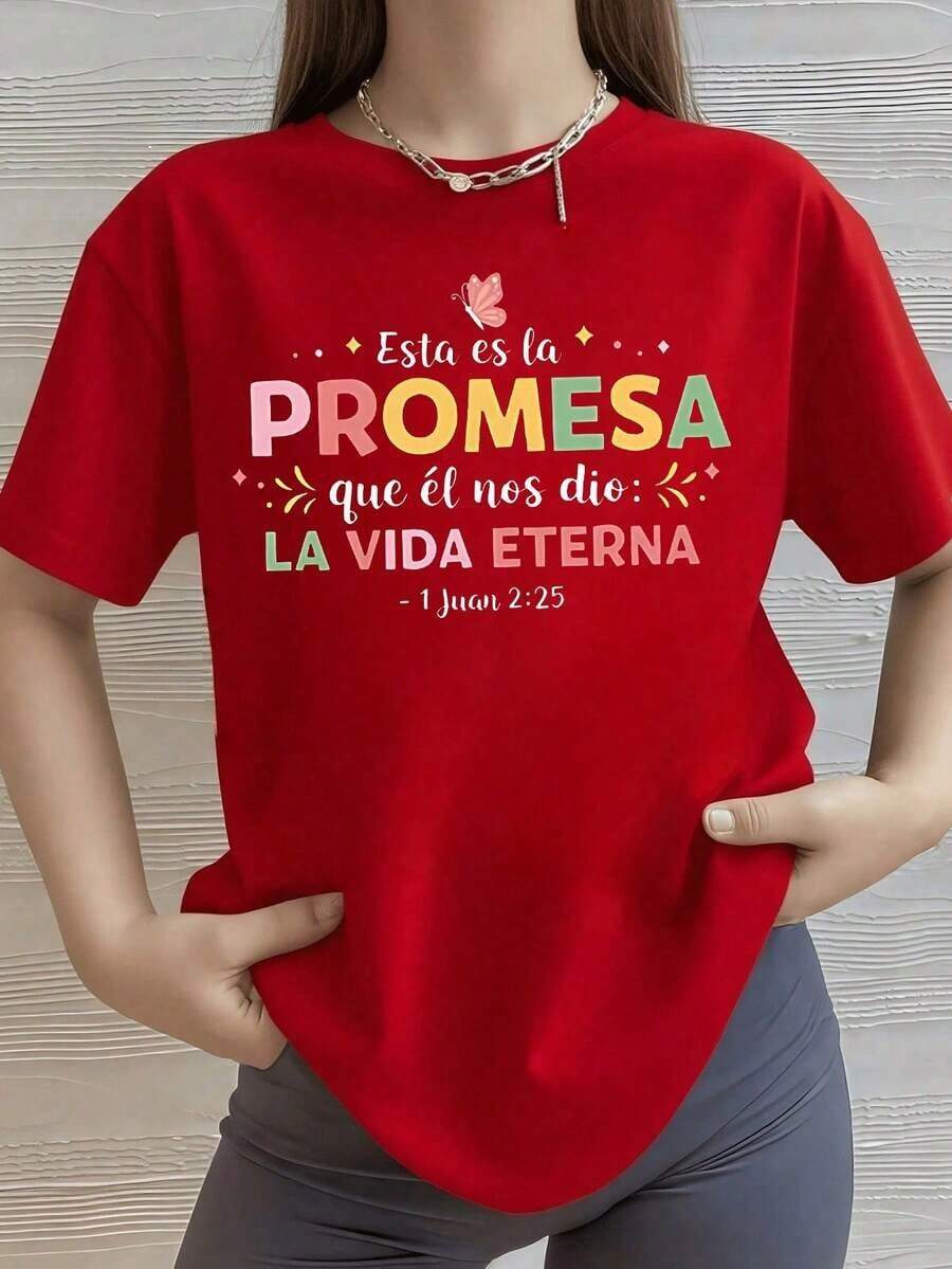 Women's Casual Holiday Shirt, Black T-Shirt For Women With Bible Verse "ETERNAL LIFE", Christian Faith T-Shirt With Positive Message, Inspirational And Religious Style Blouse, Casual Top With Colorful Letters For Gift, Suitable For Outdoor Leisure And Daily Wear. - 紅色 - 查看 1