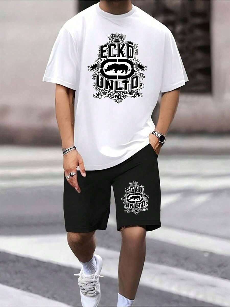 Men's ECKO Sportswear 2 Piece Outfit, Graphic T Shirt And Shorts Set, Casual Summer Streetwear, Athletic Matching Set, Soft Breathable Fabric, Tracksuit, Ideal For Gym Workout, Running, Travel, Beach - 8瓦 - 查看 1
