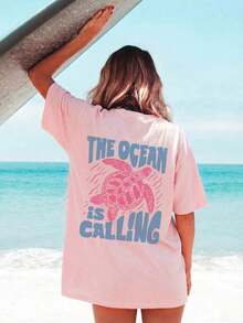 Women's Round Neck T-Shirt With Sea Creature Print And Lettering For Summer Vacation, Graphic Tee, White, Black, Pink Casual - 淺粉紅色 2 - 查看 6