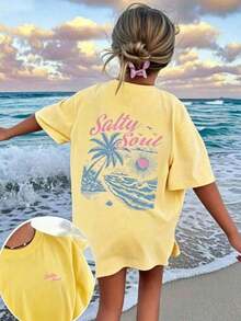 2026 Tropical Vacation Outfits2026 New Arrival Women's High Quality Salty Soul Graphic T-Shirt, Premium Cotton Vintage Washed Oversized Tee With Palm Tree & Beach Print, Casual Short Sleeve Top Perfect For Spring & Autumn, Spring Break, Back To School And Seaside Vacation GetawaysLoose And Comfortablegoing Out Outfits - 黃色 - 查看 2