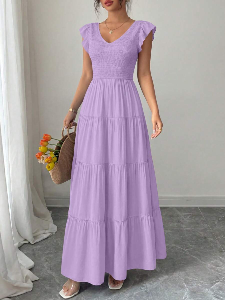 Women's Summer Flowy Long Dress Casual Covered Sleeve V-Neck Pleated Beach Sundress - Grayish purple - View 1