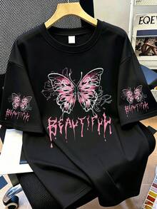Women's Casual Creative Cute Pink Bow & Letter Print Short Sleeve Top - Black - View 2