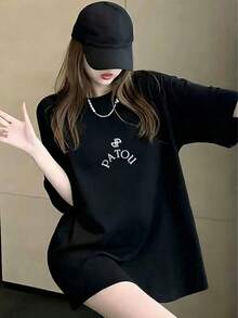 Summer Casual Letter Print Oversized T-Shirt, Crew Neck Short Sleeve, Loose-Fitting Streetwear Top For Women - Black - View 2