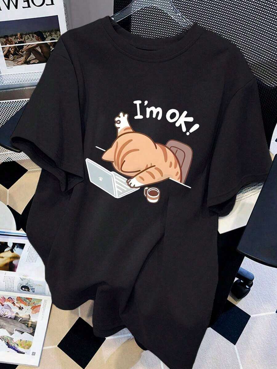 Plus Size Short Sleeve T-Shirt With Fun Fat Cat Print "I'm OK", Casual And Loose Style, Suitable For Daily Wear, Valentine's Day, New Year, Summer, Black, 100% Cotton. - 黑色 - 查看 1
