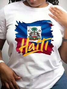Camiseta con Estampado de Letras de Haití, 100% Algodón, Estilo Minimalista, Cuello Redondo, Transpirable, Cómoda, para Uso Diario - Blanco - Ver 3