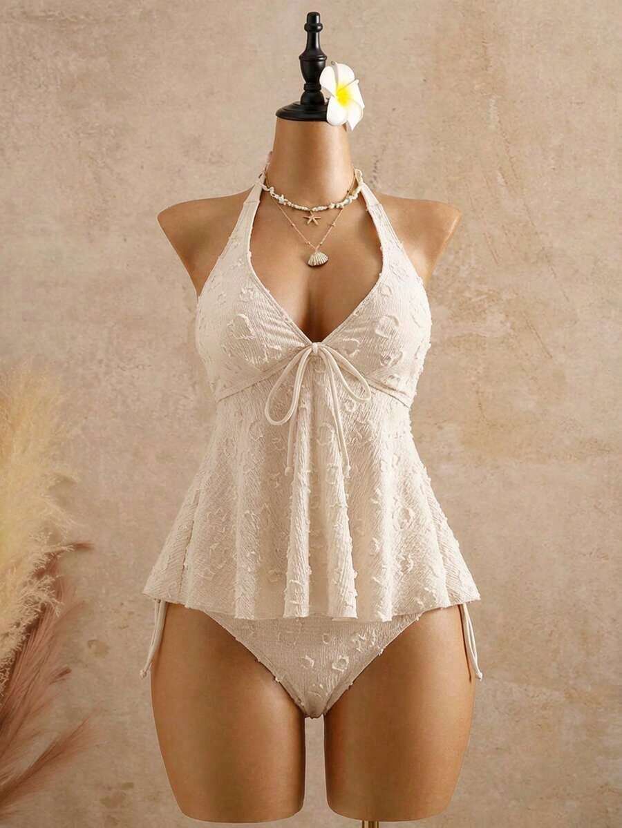 2026 Bellisia Vestido elegante de mujer con estampado de lunares, tela texturizada, camisola relajada para vacaciones, bikini amarillo tipo tankini para playa.Conjunto de playa de mujer para verano 2026, temporada de graduación, boda, regreso a clases, Pascua.Camisola de verano casual y linda, con textura de punto, detalles de volantes, en estilo dulce, romántico y campestre.