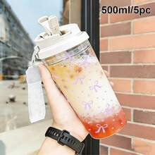 1件/5件 500ml 可愛心形蝴蝶結雙層塑膠水瓶，平底杯、咖啡杯、車用杯、水瓶、戶外水瓶、茶杯，附直飲吸管設計。適用於戶外、辦公室、居家、學校、健身房、旅行等場合。生日禮物、節日禮物、開學禮物、情人節禮物。冰咖啡 - 多色1 - 查看 15