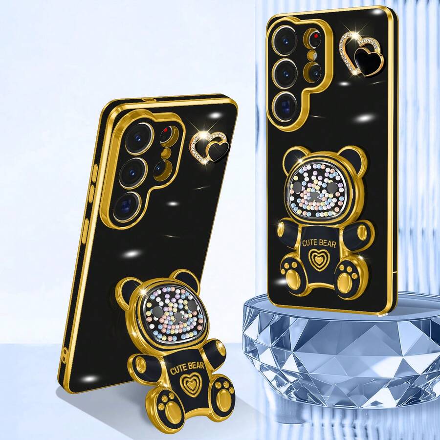 Ốp điện thoại DIY sang trọng hình trái tim đính đá, vẽ tay, mạ điện, chống sốc/tích hợp, phù hợp với 17 Pro 16Pro Max/15/14/13/12/11 [Phiên bản quốc tế, không phải nội địa], S26/S25/S25Plus/S25Ultra, XM, HW, RM. - màu đen - Xem 1