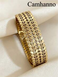 Camhanno 1pc European And American Style Engraved Wide Bracelet For Women, 304 Stainless Steel Vacuum Electroplated, Hypoallergenic, Suitable For Daily Stacking, Work Commute, Party Wear - Gold - View 4