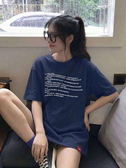 女士宽松复古字母印花露肩短袖T恤，休闲运动街头风上衣