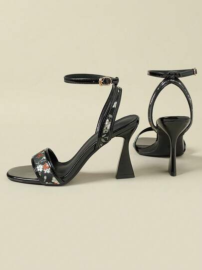 2026 New Glossy Patent Leather Peep Toe Strappy High Heel Sandals, 9CM Super High Heel, Sexy Fashion Versatile Outdoor Wear, Colorful Ditsy Floral, Elegant Suitable For Dresses, Spring/Autumn