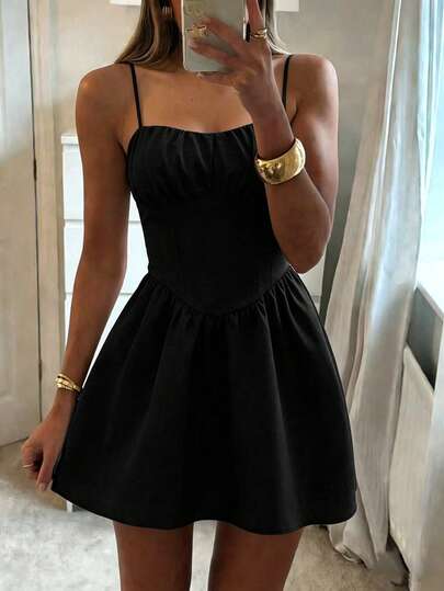 Popohouse Summer Black Spaghetti Strap Ruched Women's Camisole