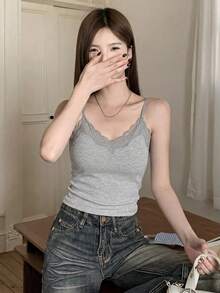 春/夏法式蕾絲灰色細肩帶背心，性感加厚胸墊內層打底上衣，女款休閒 - 灰色 - 查看 3