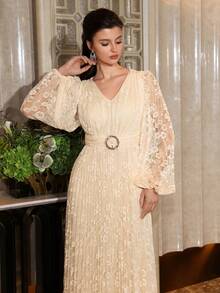 Abito da donna con scollo a V, maniche lunghe, vita annodata, orlo con volant, orlo a campana, in tessuto tessuto, stile elegante e morbido - Albicocca - Visualizzare 8