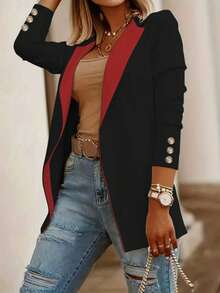 New Commuting Style Lapel Long Sleeve Blazer For Women - Black and Red - View 3
