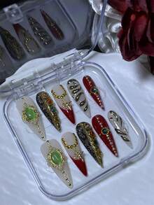 10片/套 手工制作高跟鞋风格Y2K坏女孩风美甲贴片,米色、金色、白色法式边美甲贴片,不对称液态金属图案,十字架、宝石、蕾丝、珠子、彩虹气泡、星星设计,适合派对、婚礼、日常佩戴,包含工具包,是送给女性和女孩的绝佳礼物。 - 彩色 - 查看 5