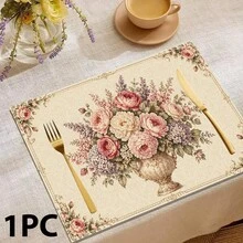 1/4/6/8/12 Pcs Floral Pattern Linen Washable Printed Table Mats, Protective Placemats For Indoor/Outdoor Dining Table, Suitable For Holiday Parties, Kitchen - Multicolor - View 12