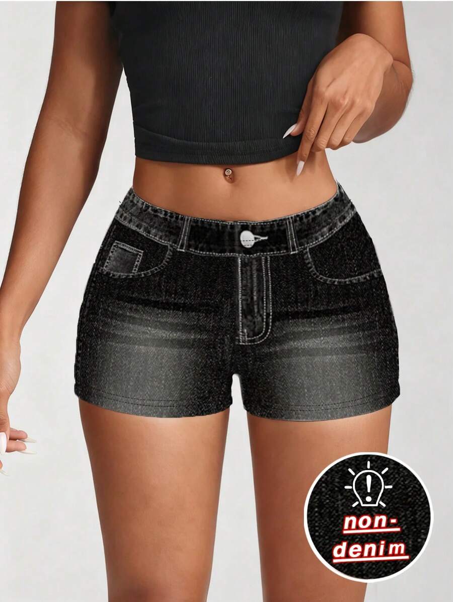 Shorts de mezclilla negros de talla grande con efecto lavado, pantalones cortos elásticos de cintura baja, jeans sexys ajustados sin mezclilla - WP-7501 - Ver 1