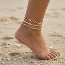 Waterproof Ankle Bracelets For Women, 14k Gold Plated Hypoallergenic Layered Stackable Herringbone Cuban Link Chain, Adjustable Beach Anklets Bracelets For Women Gift 3pc Sets - 3pc Gold03 - View 6
