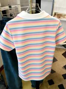 Cute Rainbow Striped Women Short Sleeve Polo Shirt, White Collar, Sweet Heart Pattern - Baby Pink - View 2