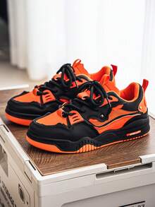 Two-Tone Chunky Sneakers Men's Comfy Non-Slip Lace-Up Casual Shoes - Cam đen - Xem 6