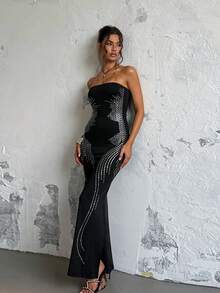 Bardot Neck Dress With Rhinestones And Decorative Wing, Figure-Flattering Cut - Black - View 6