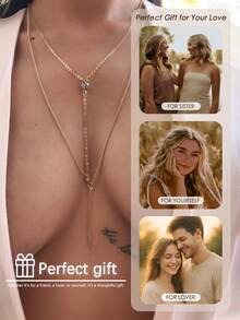 1pc Y-Shape Chain Necklace, Minimalist Long Rope Necklace, Elegant Sexy Chest Chain, Suitable For Beach, Party - Gold - View 2