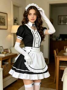 1pc Maid Dress Set, Black & White Color Block, Puff Sleeve With Ruffle Apron, Delicate Lace & Bow Details, Fitted Silhouette Fall - White - View 2