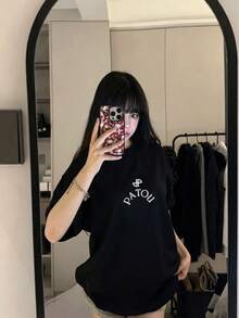 Summer Casual Letter Print Oversized T-Shirt, Crew Neck Short Sleeve, Loose-Fitting Streetwear Top For Women - Black - View 1