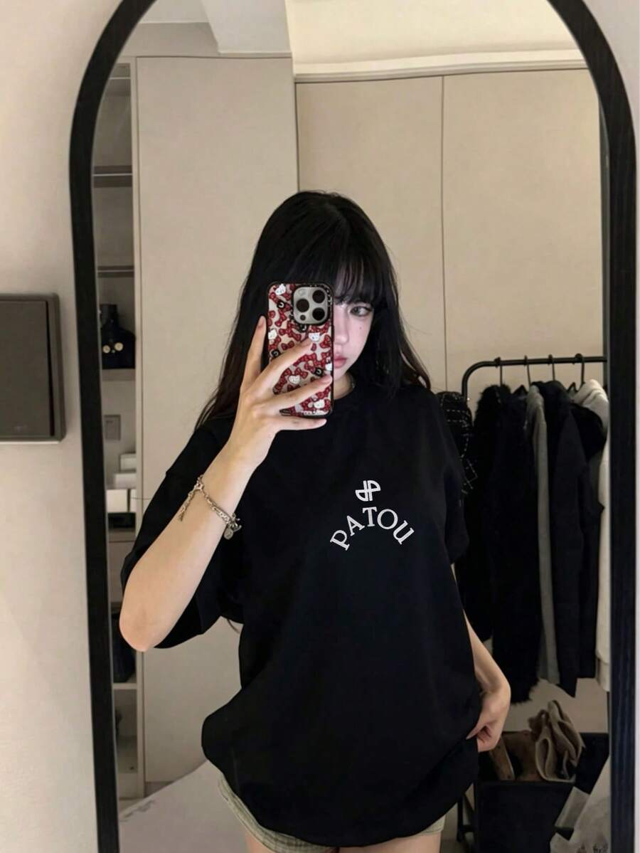 Summer Casual Letter Print Oversized T-Shirt, Crew Neck Short Sleeve, Loose-Fitting Streetwear Top For Women - Black - View 1
