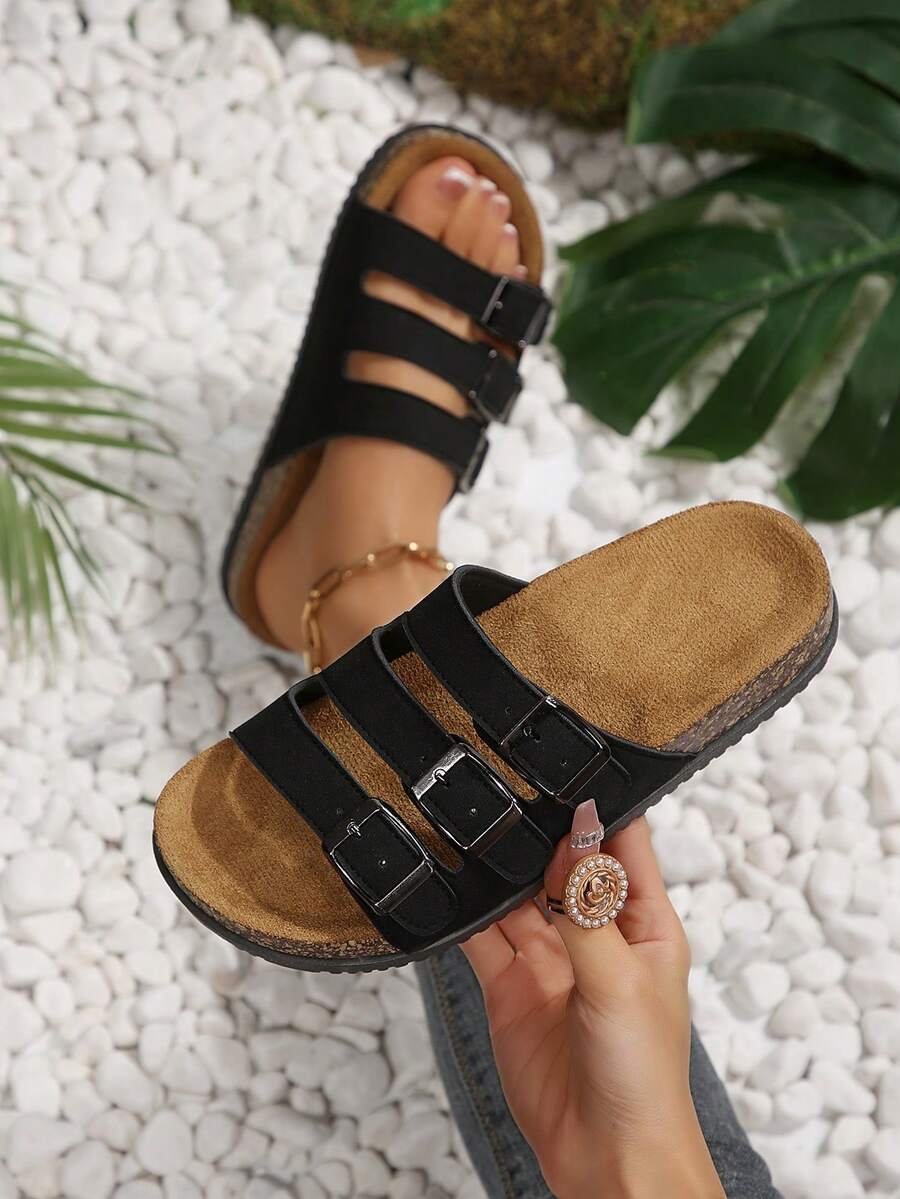 Damen Outdoor verstellbare bequeme Sandalen in Große Größen, PU-Leder verstellbarer Riemen Flache Strand Sandalen für den Sommer - Schwarz - Übersicht 1