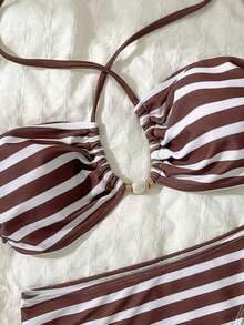 Bộ bikini 2 mảnh kẻ sọc thanh lịch không lưng kèm phụ kiện đính hạt, thích hợp đi biển. - Nhiều màu - Xem 5