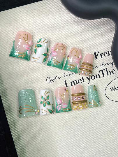 Bộ 10 móng giả Y2K Nails Chic Duckbill - Làm thủ công, móng màu hồng, móng màu xanh lá cây, móng kiểu Pháp mắt mèo xanh lá cây, thiết kế hoa 3D và nhẫn vàng 3D thủ công, nghệ thuật vẽ móng hoa hồng 3D và hoa mắt mèo xanh lá cây 3D, thiết kế cành hoa vàng vẽ tay và họa tiết chấm bi vàng, trang trí đá rhinestone hồng lấp lánh và ngọc trai trắng.