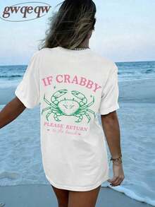 Estilo Y2K, estilo de moda, lo más nuevo de 2026, estilo lindo, estilo casual, blusas para mujer>ropa. Camiseta gráfica de verano para mujer con estampado de doble cara "If Crabby Please Return To The Beach Salty", estilo casual, de gran tamaño. |   Ropa de verano |   Ropa de Vacaciones, 100% Algodón 180g (Tallas S-XXXL) - Blanco 4 - Ver 3