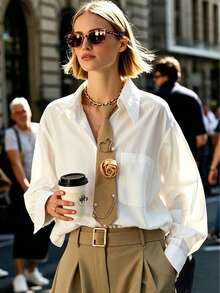 1 pieza Accesorio de camisa con corbata de mujer de estilo JK en color caqui/negro con decoración de perla falsa en forma de corazón y rosa 3D - Multicolor - Ver 5