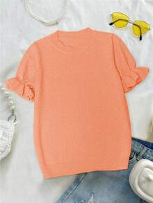 Top de punto de lana holgado y sencillo para mujer de talla grande, manga corta con lazo, cuello redondo y borde con volantes, color liso, colección de primavera y otoño, casual, verano - Naranja Coral - Ver 7