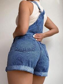 Pantalones de peto vaqueros lavados de verano casuales - Azul lavado oscuro - Ver 3