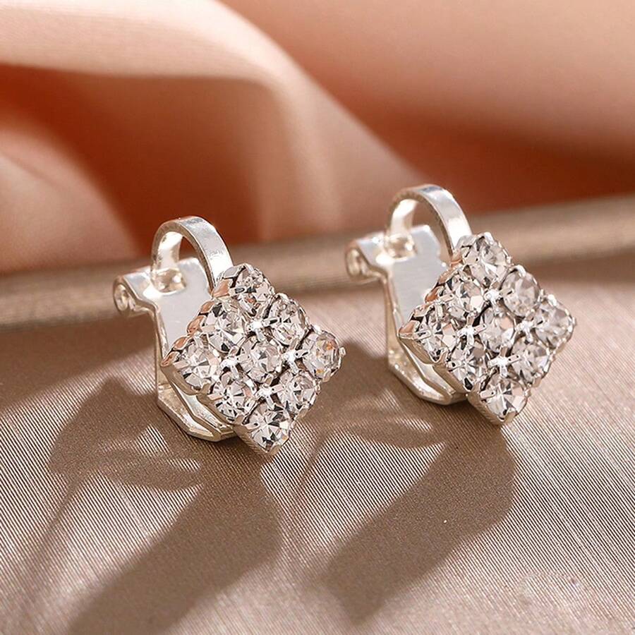 2pcs Fashion Luxury Crystal Cross Clip-On Earrings, Suitable For Daily Wear For Women - Silver - View 1