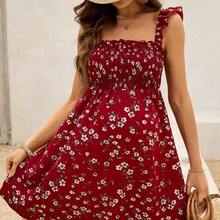 Maternity Floral Print Cap Sleeve Dress For Vacation - Rojo - Ver 6