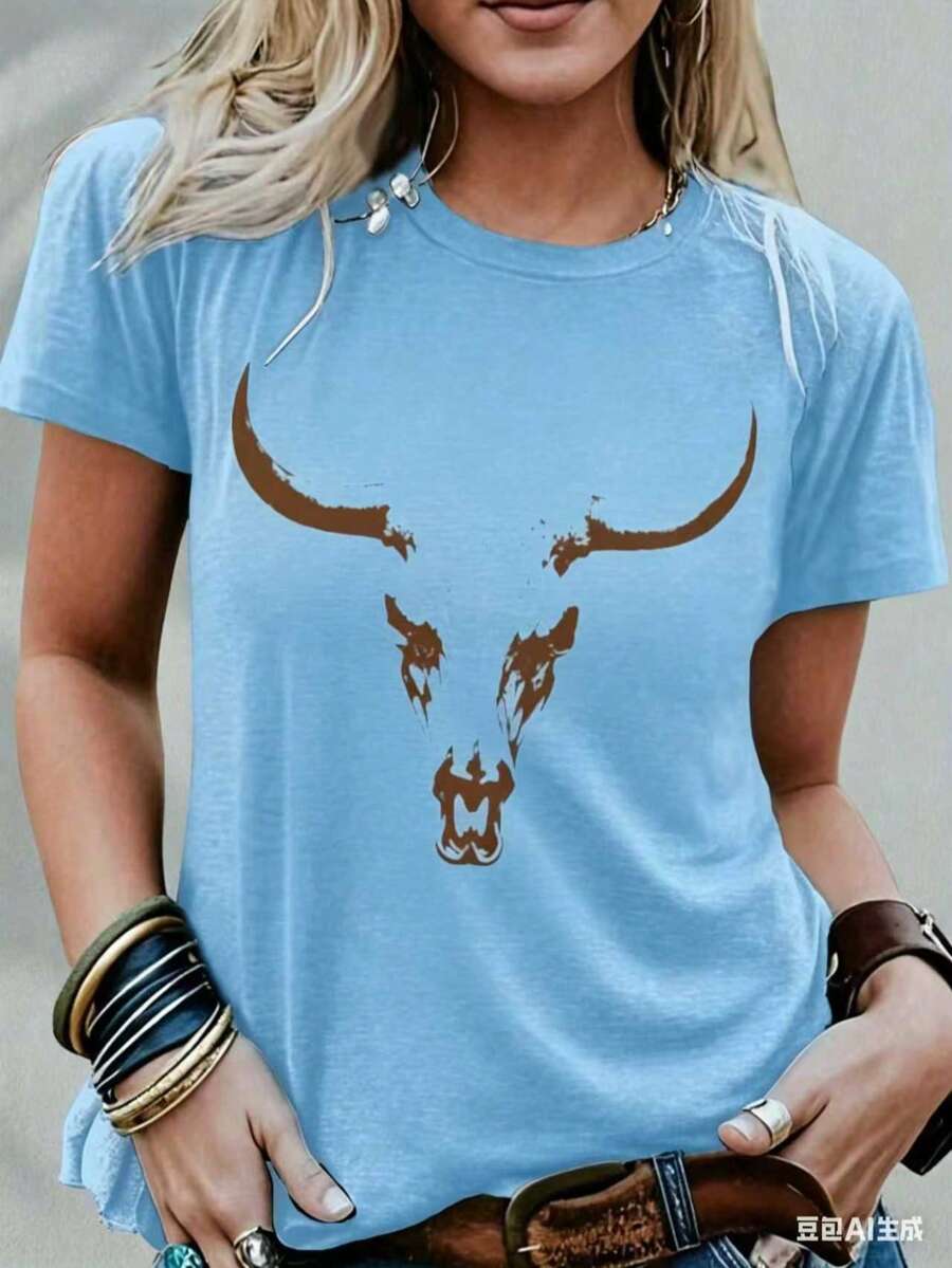 Bullhead Pattern T-Shirt - A Cutting-Edge Choice For Festival Enthusiasts And Bohemian Style Lovers - Fashionable Cowgirl Vibe - Soft Pure Cotton Material New Casual T-Shirts For Men And Women - 藍色 - 查看 1