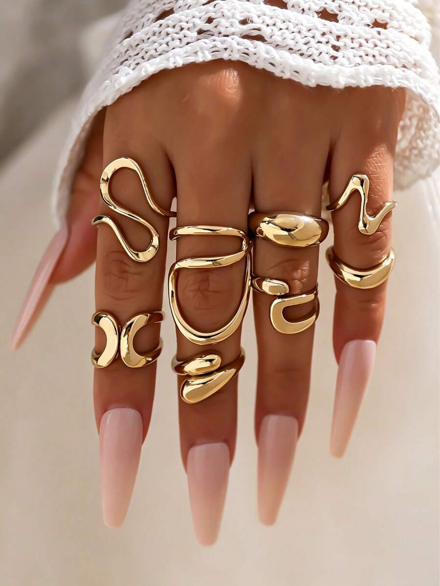 8Pcs/Set Fashion Bohemian Geometric Hollow Asymmetrical Abstract Design Adjustable Gold Rings Set For Women Jewelry Accessories - Yellow Gold - View 1