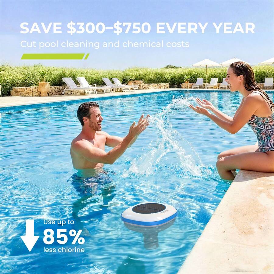 Solar Powered Pool Ionizer, Chemical-Free Floating Water Purifier For Fresh, Saltwater Pools Up To 45, 000 Gallons, Chlorine Saver, Includes Brass Parts, Cleaning Brush, Reusable Summer Must-Have - Màu xanh da trời - Xem 1