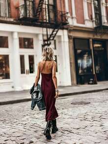 Robe midi en satin bordeaux à col V sans manches, lisse et confortable pour le bureau, les rendez-vous et le port décontracté, élégante pour l'été - Rouge foncé - Voir 4