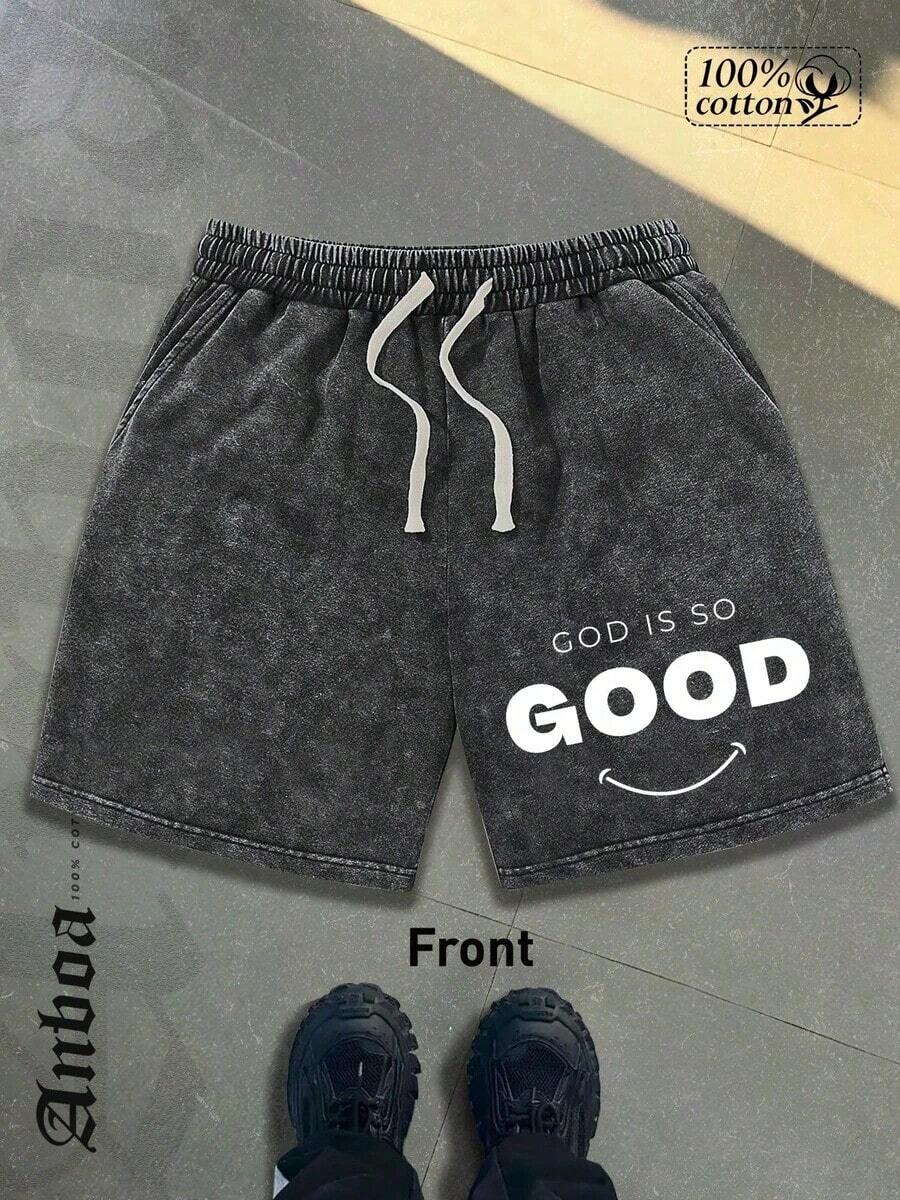 Men's Vintage Acid Wash "GOD IS SO GOOD" Shorts, Retro Face Graphic Print Streetwear Shorts, Christian Slogan Cotton Casual Shorts With Drawstring - màu đen - Xem 1