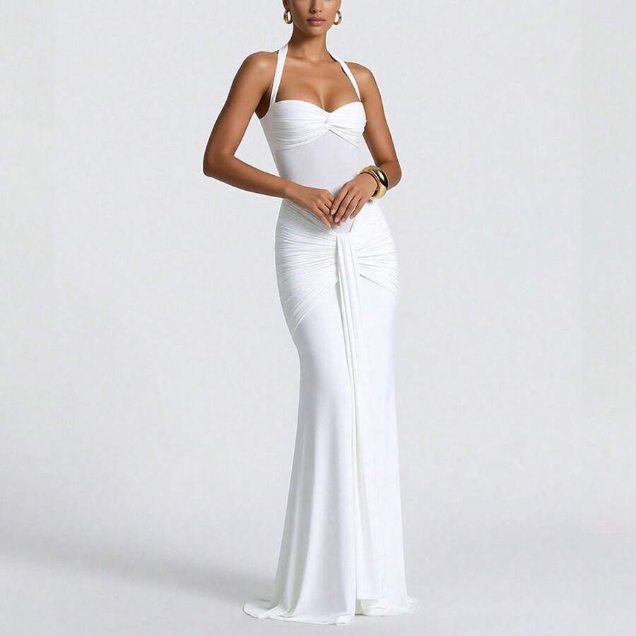 2026 New Elegant Women's Dress Series Hot-Selling Women's Clothing Solid Color Halter Neck Slim-Fit Formal Evening Gown Prom, Gala, Black Tie & Red Carpet Events, Gala & Date Night FEGI - 白色 - 查看 1