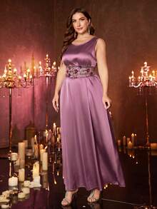 UNITHORSE Gaun Jubah Turki 2 Potong Wanita Ukuran Plus dengan Leher Bulat, Lengan Kelelawar, Payet Panjang, Jala Kontras, Bordir, dan Sabuk, Cocok untuk Liburan Musim Gugur - Red Violet - View 4